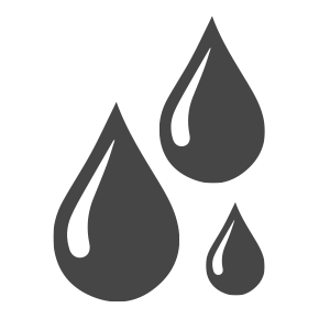 Three black water droplets of varying sizes on a white background.