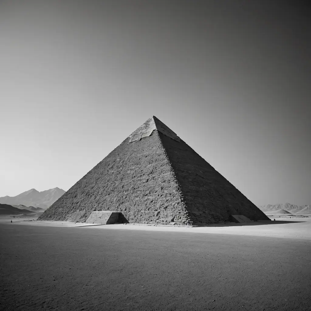 A black-and-white photo of an ancient pyramid in a desert.