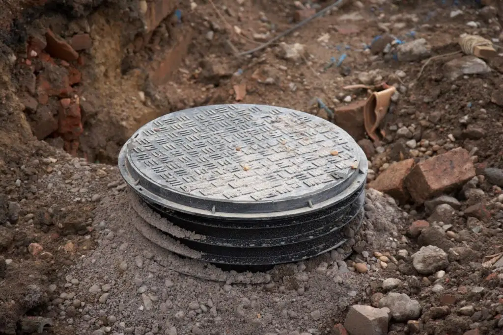 Newly installed manhole cover on rough ground.