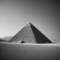 A black-and-white photo of an ancient pyramid in a desert.
